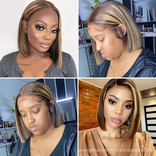 4X4 Highlight Bob Wig 150% Blonde Brazilian Straight Transparent Lace Closure  Human Hair Wigs full lace wigs for black women
